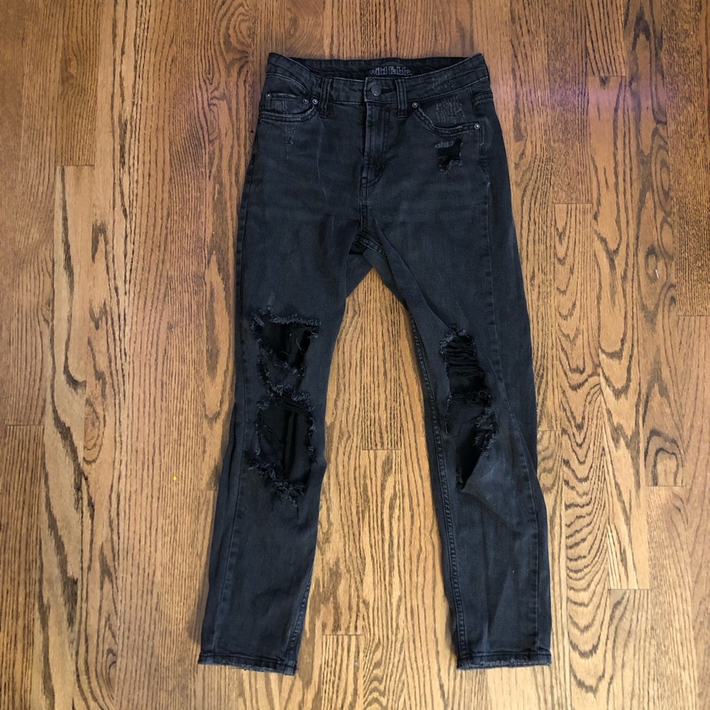 washed black high rise ripped mom jeans